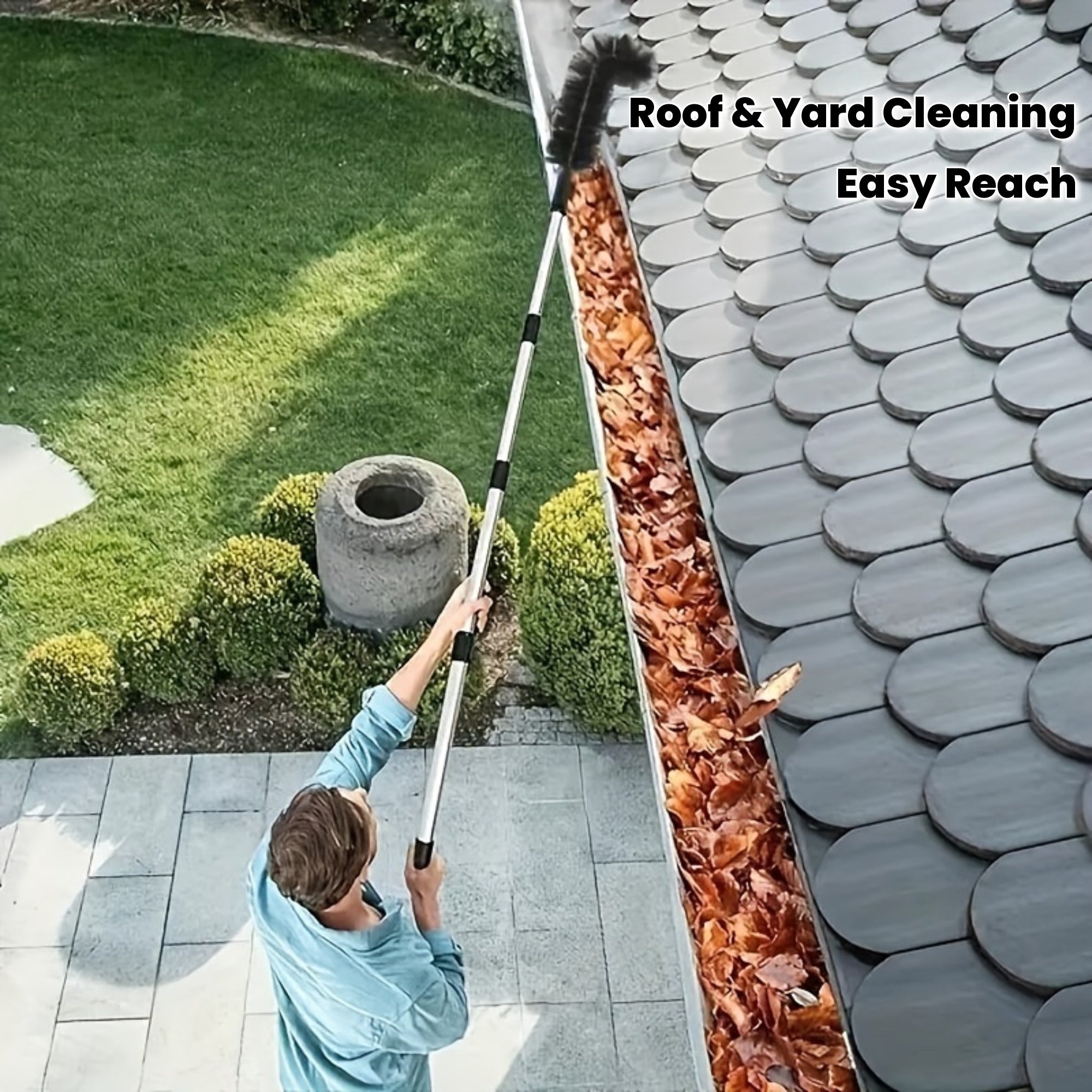 Home Relaxation Extendable Gutter Cleaning Brush 898  7Section Aluminum Pole Curved Bristle Head for Roof  Yard Cleaning Easy Reach Down to Zigzag Cleaning No Electricity Needed Garden Tool  Curved Brush  Durable Aluminum Gutter Cleaning S