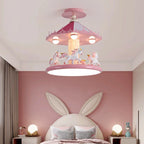 Princess Carousel Ceiling Lamp in a pink bedroom with a bunny-ear headboard and gray curtains