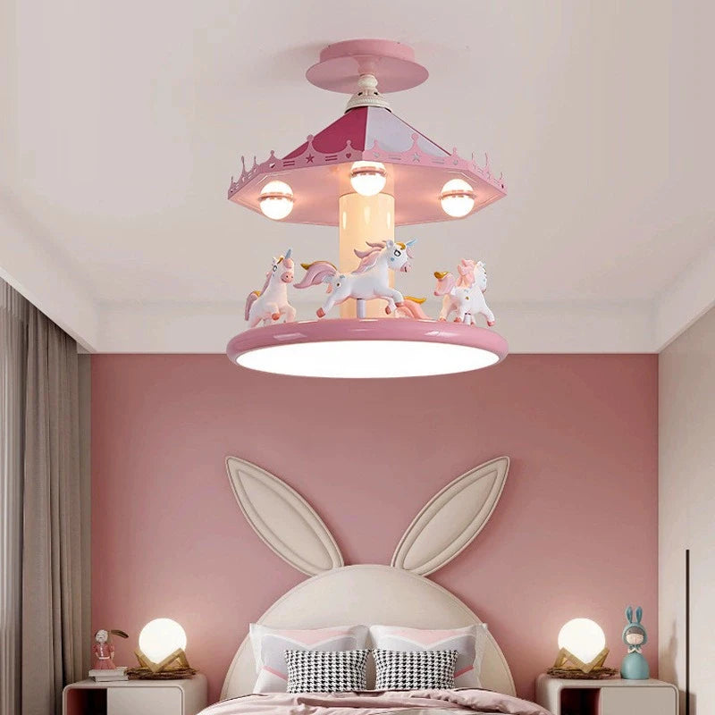 Princess Carousel Ceiling Lamp in a pink bedroom with a bunny-ear headboard and gray curtains