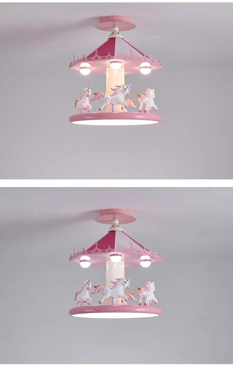 Two illuminated views of the pink carousel ceiling lamp showing different light tones