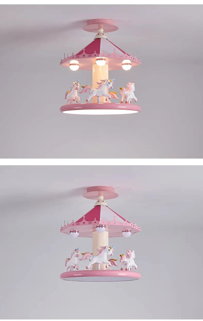 Pink Princess Carousel Ceiling Lamp shown illuminated and switched off