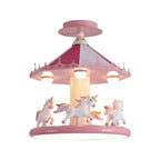 Pink Princess Carousel Ceiling Lamp with glowing base and unicorn figures on white