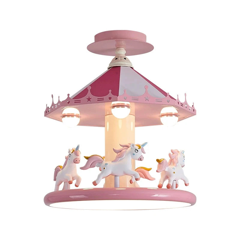 Pink Princess Carousel Ceiling Lamp with glowing base and unicorn figures on white