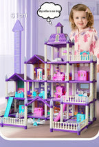 Princess Villa Dollhouse tall size-guide view with a child behind the toy and a 61 cm height arrow