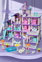 Princess Villa Dollhouse furnished front view with dolls, slide, pool, umbrella and miniature dog