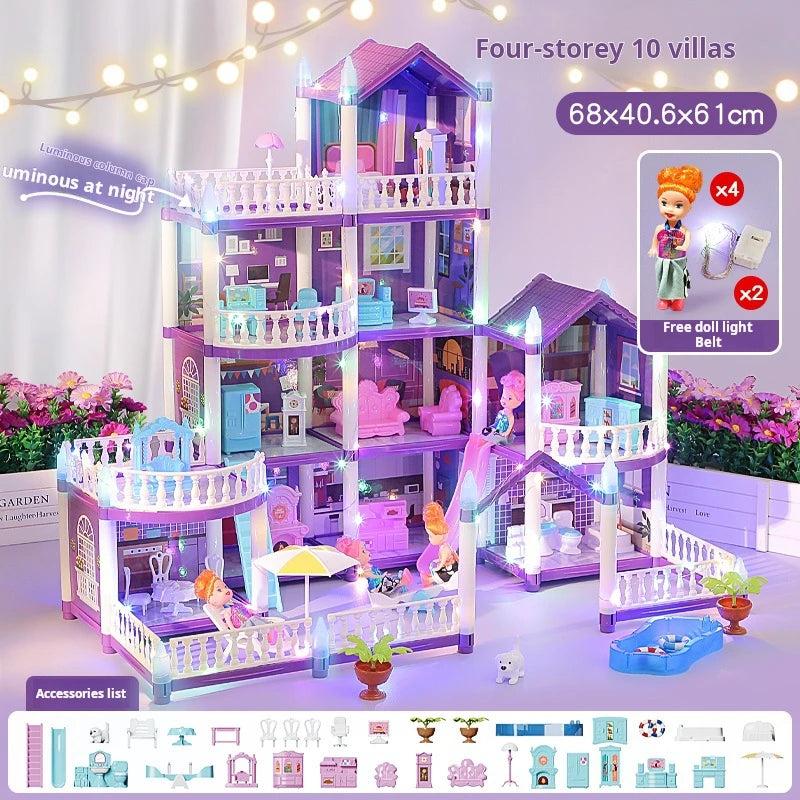 Princess Villa Dollhouse complete set with 68 × 40.6 × 61 cm dimensions, four dolls and two light strings
