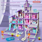 Princess Villa Dollhouse front view showing purple roofs, pink furniture, slide and miniature pool