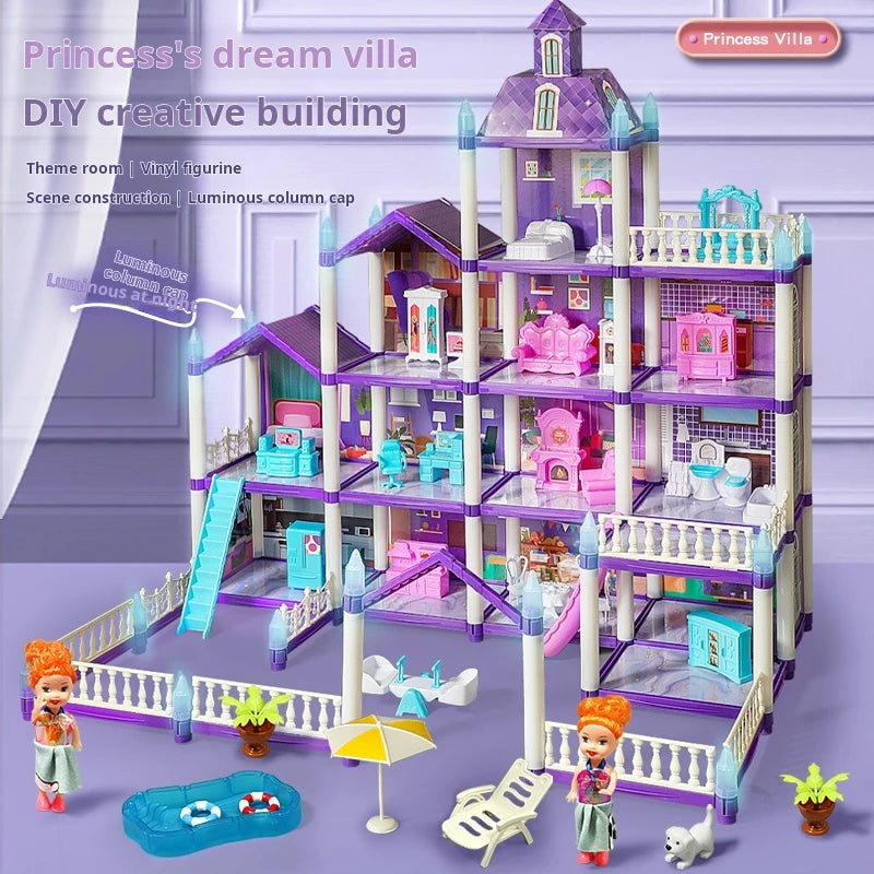 Princess Villa Dollhouse front view showing purple roofs, pink furniture, slide and miniature pool