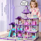 Princess Villa Dollhouse beside a child with a 61 cm height marker and furnished open-front rooms