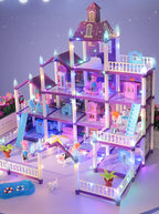 Princess Villa Dollhouse close-up of illuminated rooms and balconies with dolls arranged around the courtyard