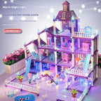 Princess Villa Dollhouse illuminated by light strings with dolls, balconies and outdoor miniature accessories