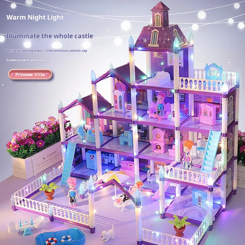 Princess Villa Dollhouse illuminated by light strings with dolls, balconies and outdoor miniature accessories