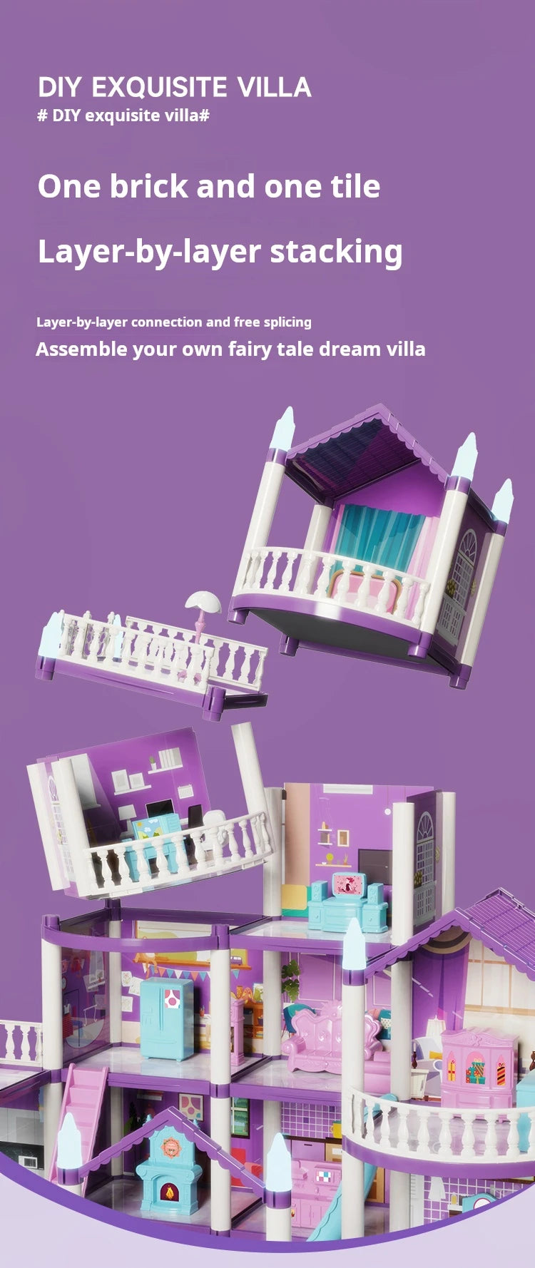 Princess Villa Dollhouse construction diagram showing stacked rooms, columns and detachable balcony
