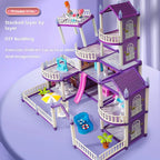 Princess Villa Dollhouse assembly view with a room lifted above the stackable four-story structure