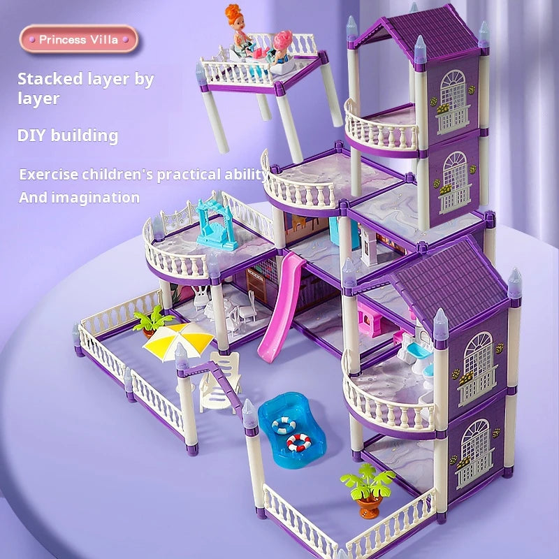 Princess Villa Dollhouse assembly view with a room lifted above the stackable four-story structure