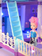 Princess Villa Dollhouse close-up of blue stairs, a pink-haired doll, white railing and light strings
