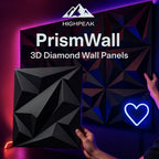 HighPeak PrismWall™ 3D Diamond Wall Panels in black with geometric texture illuminated by purple lighting in modern room setting