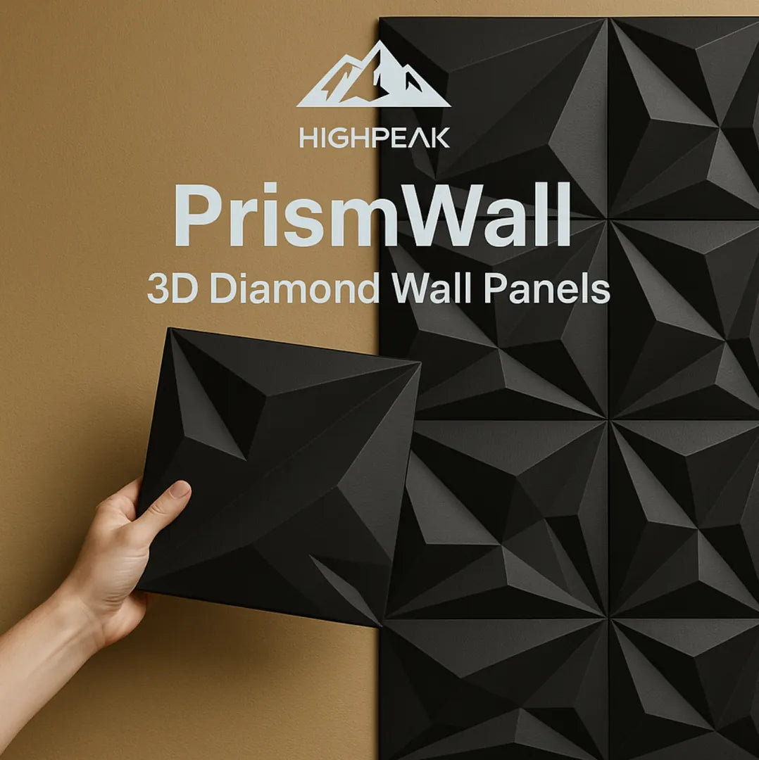 HighPeak PrismWall™ 3D Diamond Wall Panels in black with geometric texture held against a brown wall for modern decor.