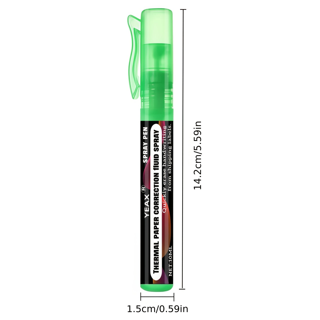 Privacy Eraser Spray Pen size guide showing 14.2 cm length and 1.5 cm width