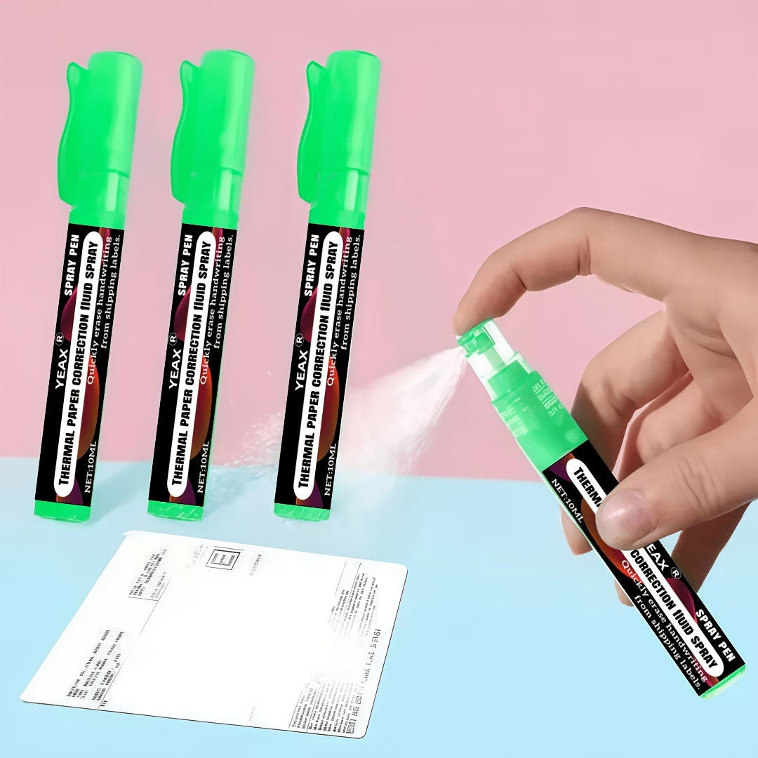 Privacy Eraser Spray Pen spraying over a receipt beside additional green pens