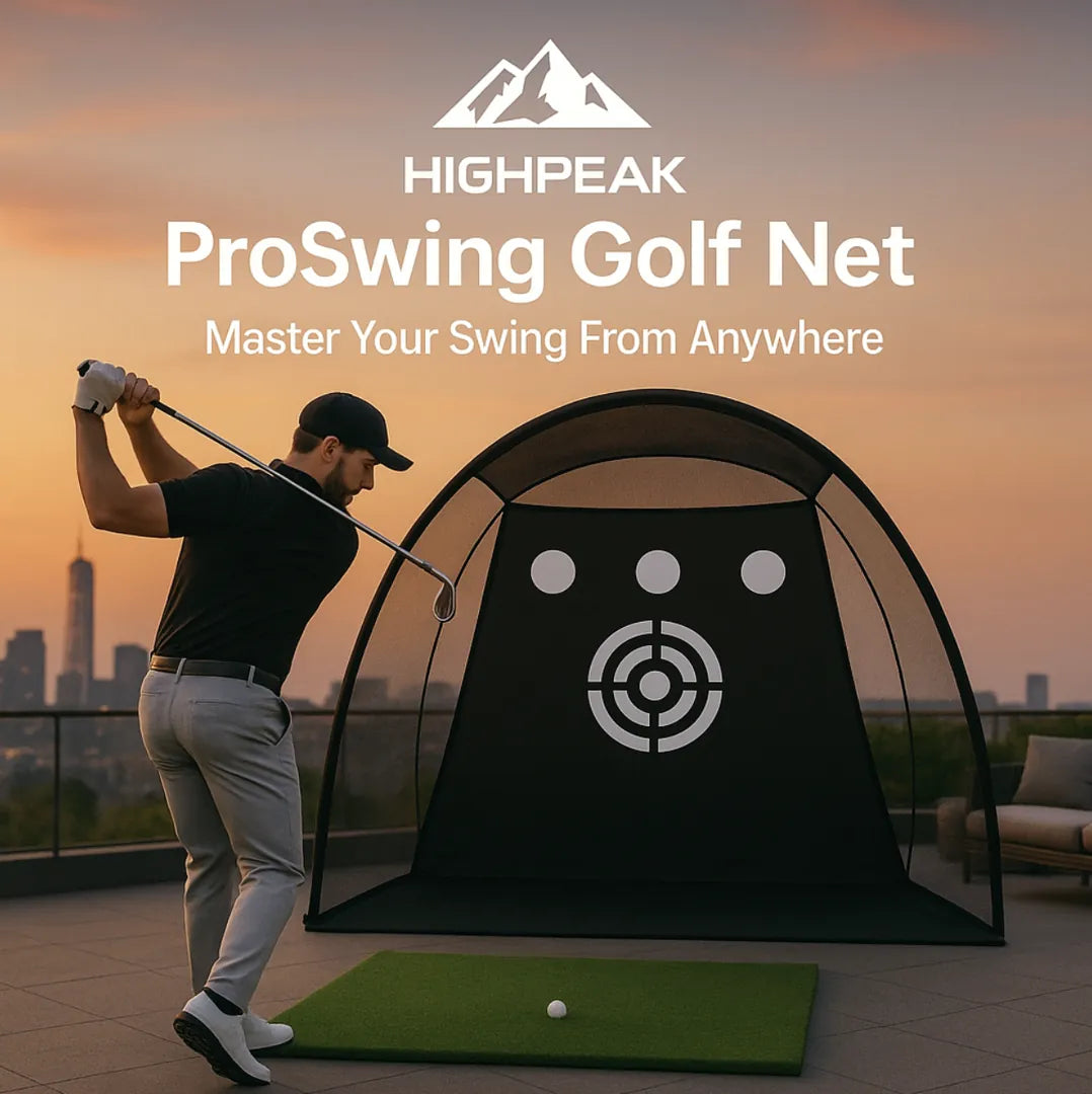 HighPeak ProSwing Golf Net with target zones set up on rooftop at sunset for swing practice and accuracy training