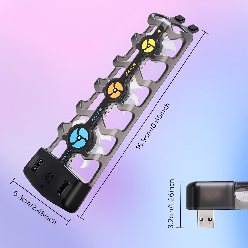 PS5 Triple Cooling Fan dimension guide showing the three-fan body, USB plug and 16.9 × 6.3 × 3.2 cm measurements.