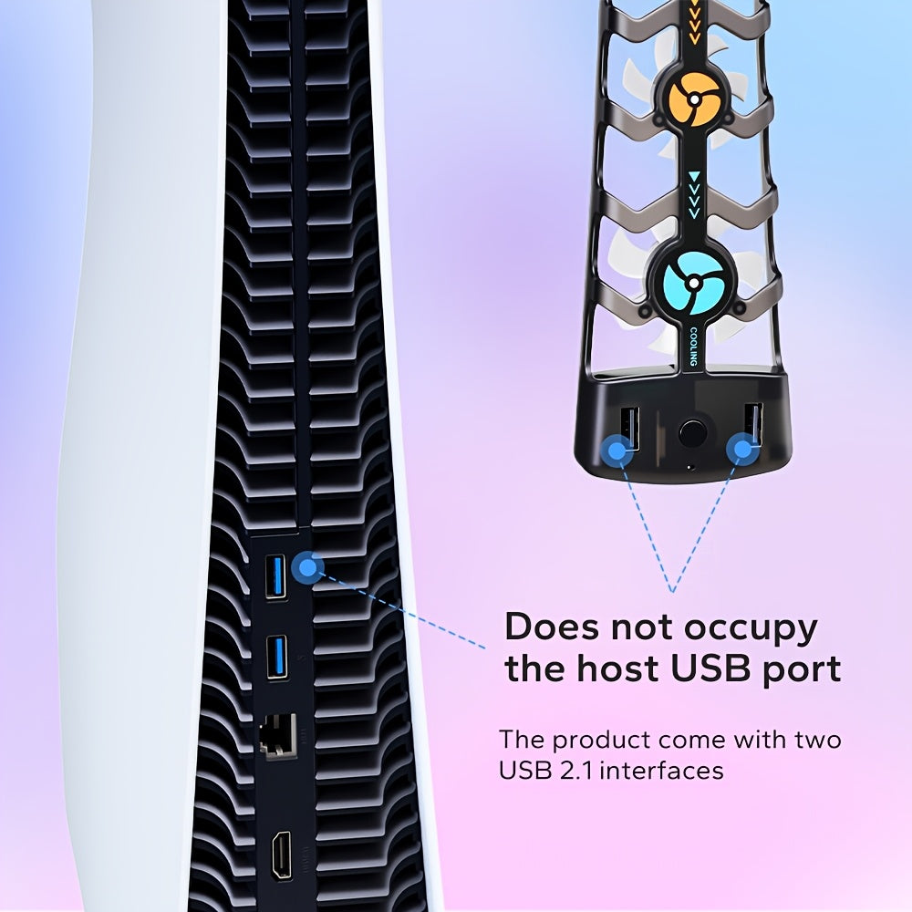 PS5 Triple Cooling Fan close-up showing two accessory USB ports alongside the console’s rear connections.
