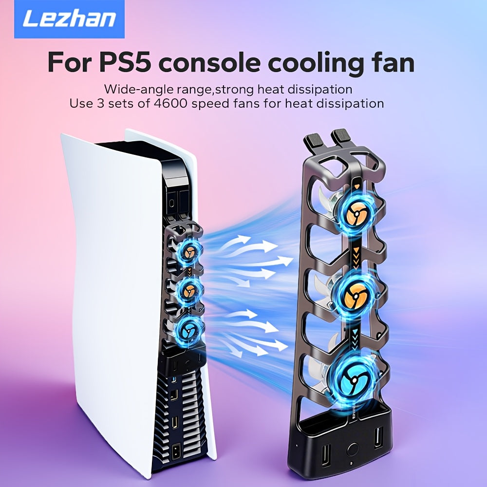PS5 Triple Cooling Fan mounted behind a white console beside a standalone view with illustrated airflow arrows.