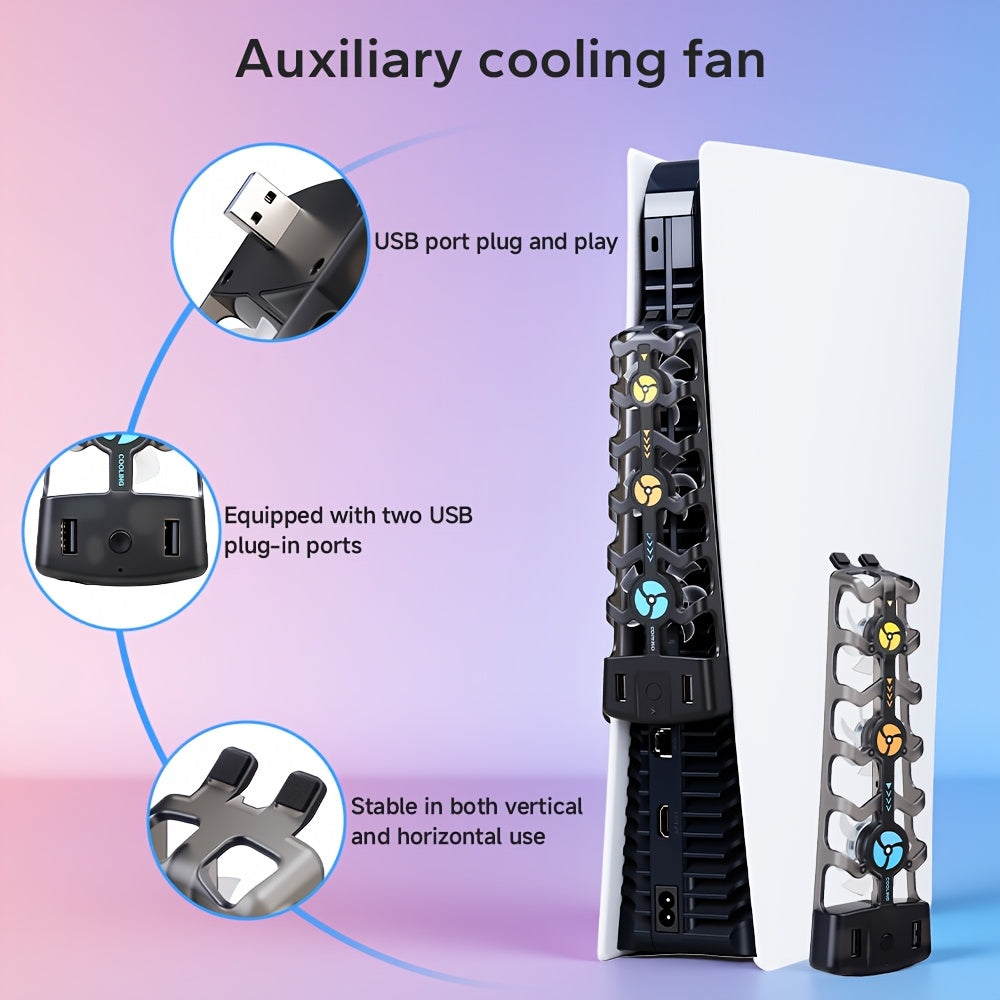 PS5 Triple Cooling Fan installation diagram highlighting the USB plug, two ports and snap-on mounting tabs.