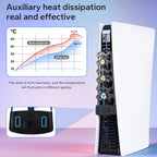 PS5 Triple Cooling Fan mounted on a console beside a supplier temperature-comparison chart and USB-port detail.