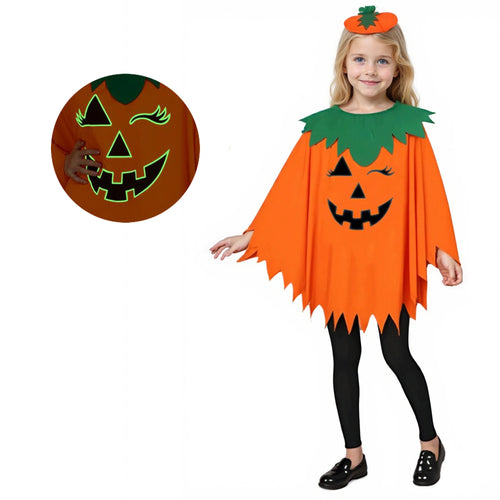 Pumpkin Poncho Costume Set kids one-size front view with matching pumpkin headband and face detail