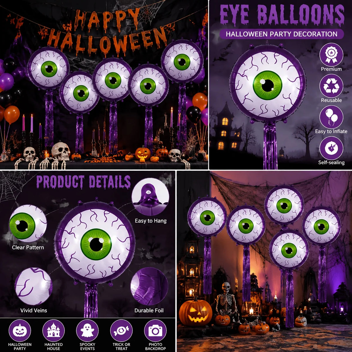 Purple Halloween Eyeball Balloons collage showing hanging tabs, eye graphics, foil, and self-sealing details.