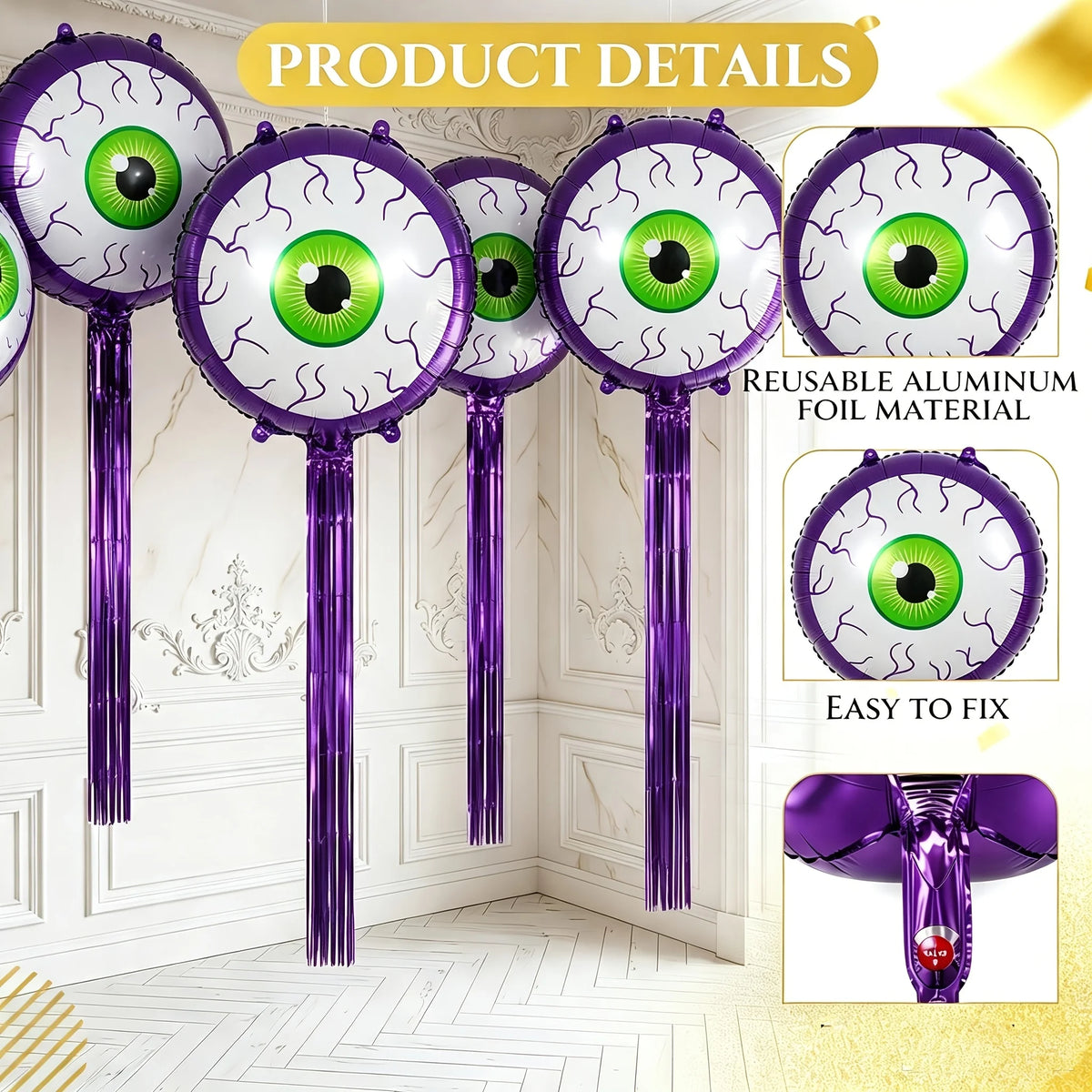 Purple Halloween Eyeball Balloons foil material and inflation valve close-ups beside a hanging display.