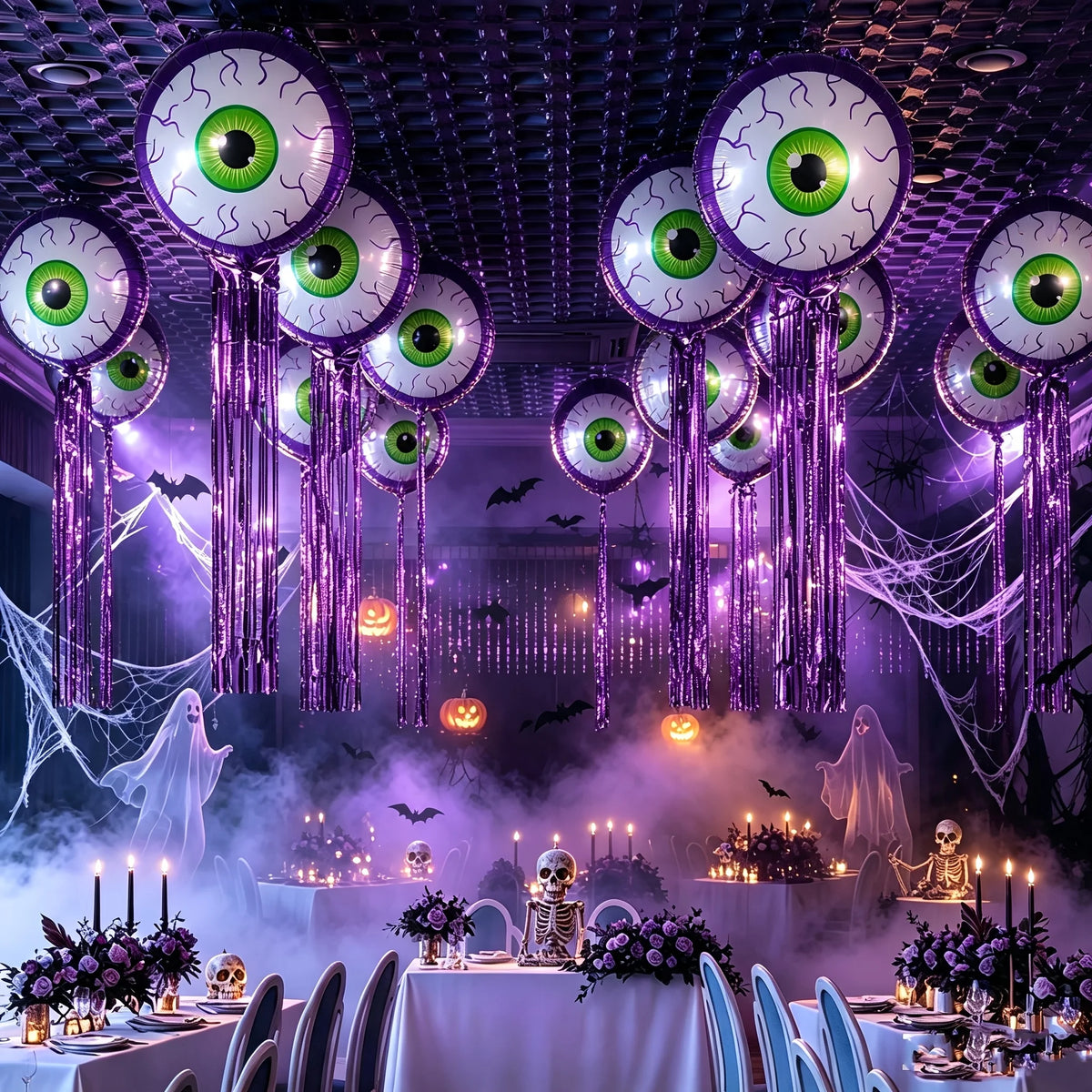 Purple Halloween Eyeball Balloons hanging over banquet tables with skeletons, ghosts, and purple lighting.
