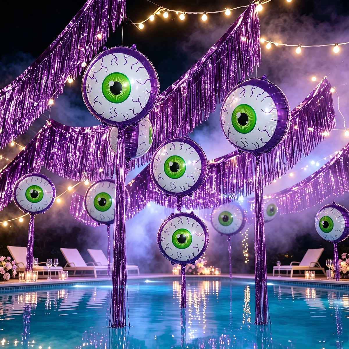 Purple Halloween Eyeball Balloons displayed around a pool with purple fringe garlands and string lights.