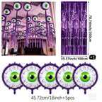 Purple Halloween Eyeball Balloons size guide showing five 18-inch balloons and one purple fringe curtain.