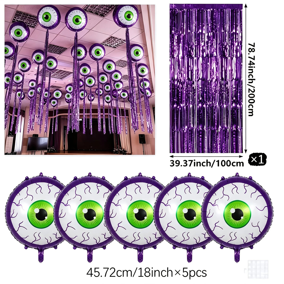 Purple Halloween Eyeball Balloons size guide showing five 18-inch balloons and one purple fringe curtain.