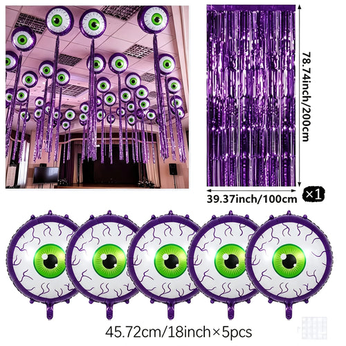 Purple Halloween Eyeball Balloons size guide showing five 18-inch balloons and one purple fringe curtain.