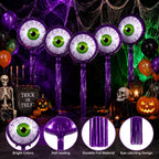 Purple Halloween Eyeball Balloons above a trick-or-treat display with close-ups of the eye, valve, and fringe.