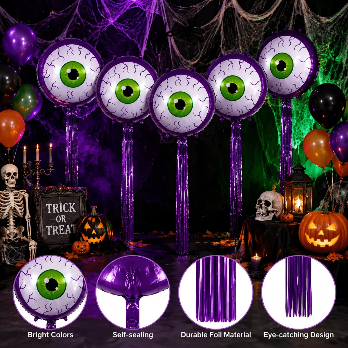 Purple Halloween Eyeball Balloons above a trick-or-treat display with close-ups of the eye, valve, and fringe.