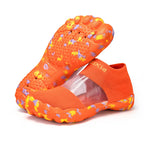 Quick-Dry Water Shoes in orange with yellow and purple sole accents, shown as a pair.