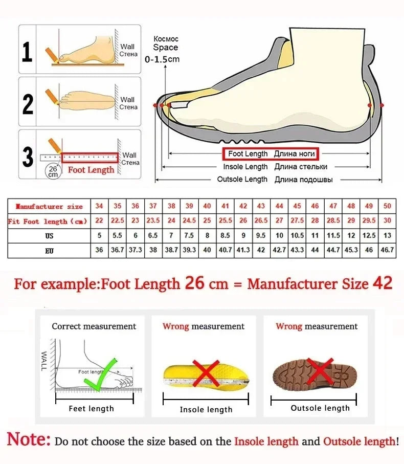 Quick-Dry Water Shoes supplier size chart with US, EU, manufacturer sizes and foot-length measuring guidance.