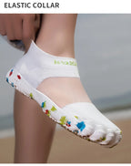 Quick-Dry Water Shoes white shoe worn with a finger stretching the elastic heel collar.