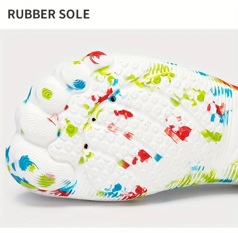 Quick-Dry Water Shoes close-up of the white rubber sole with colorful patches and raised tread.