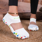Quick-Dry Water Shoes white pair worn on a woven rug, with colorful soles visible at the front.