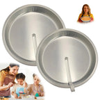 Quick Release Cake Pan 2-Pack beside a family baking scene and finished round cake