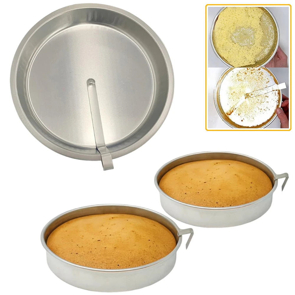 Quick Release Cake Pan shown empty and filled with cake with the edge-release handle visible