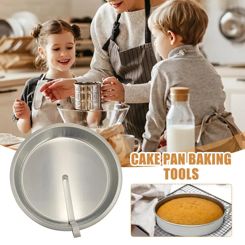 Quick Release Cake Pan featured in a home baking collage with a finished round cake