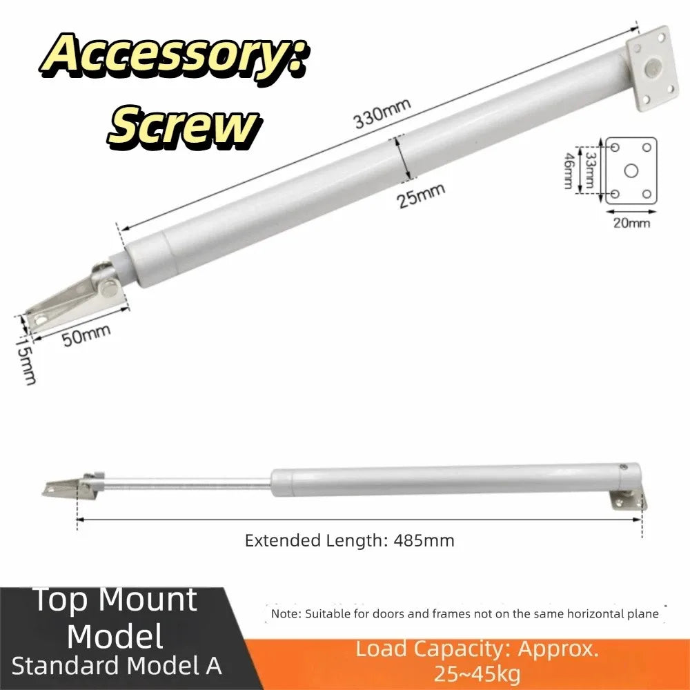 Quiet Automatic Door Closer 25–45kg variant with top-mount bracket and supplier dimension diagram.