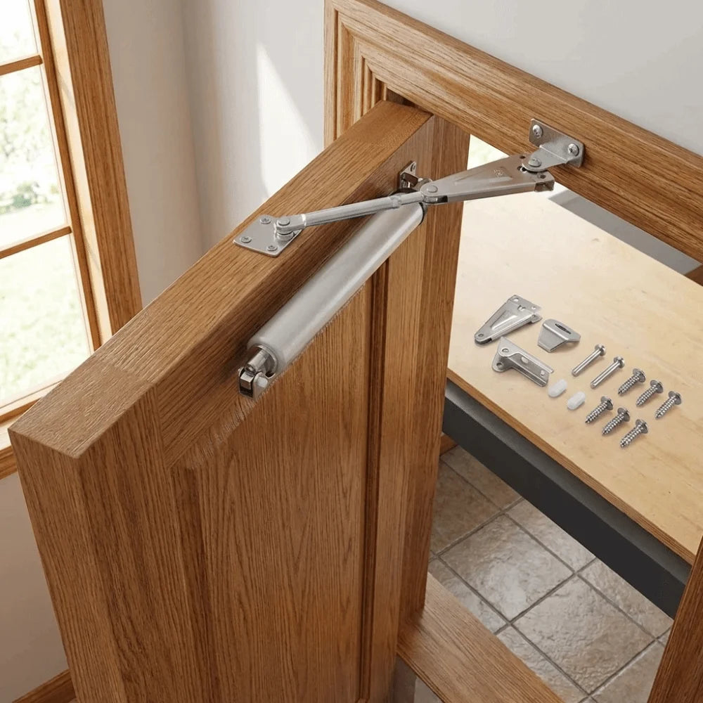 Quiet Automatic Door Closer on a wooden door with mounting brackets and screws displayed nearby.